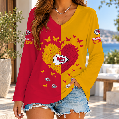[SPECIAL OFFER] NEW CUSTOMIZED NFL01 KCC THE CHIEFS WOMEN'S V-NECK LONG SLEEVED SHIRT