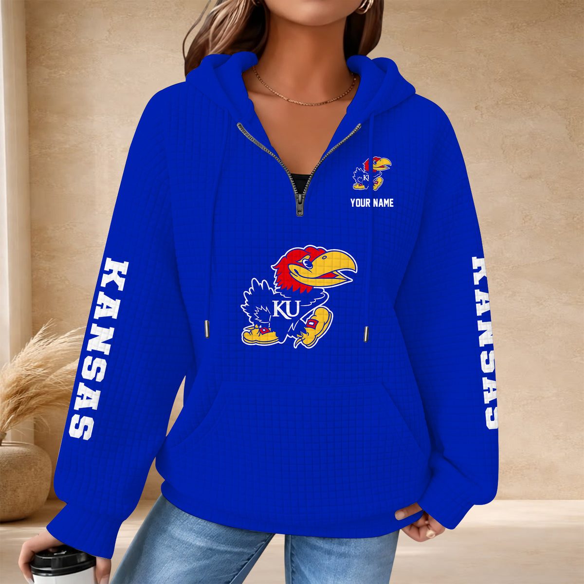 [BIG SALE] PERSONALIZED UNI01 KSJ KANSAS JAYHAWKS QUARTER ZIP HOODIE
