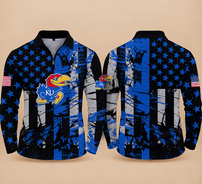 [BIG SALE] PERSONALIZED UNI01 KSJ KANSAS JAYHAWKS ZIPPER LONG SLEEVE POLO