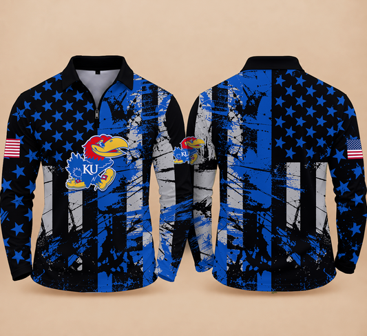 [BIG SALE] PERSONALIZED UNI01 KSJ KANSAS JAYHAWKS ZIPPER LONG SLEEVE POLO