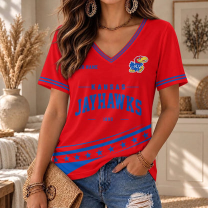 [BIG SALE] PERSONALIZED UNI01 KSJ KANSAS JAYHAWKS V-NECK FEMALE SHIRT