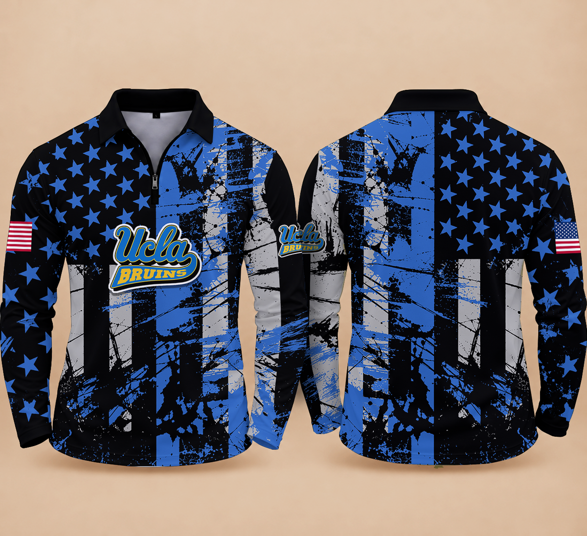 [BIG SALE] PERSONALIZED UNI02 UCB UCLA BRUINS ZIPPER LONG SLEEVE POLO