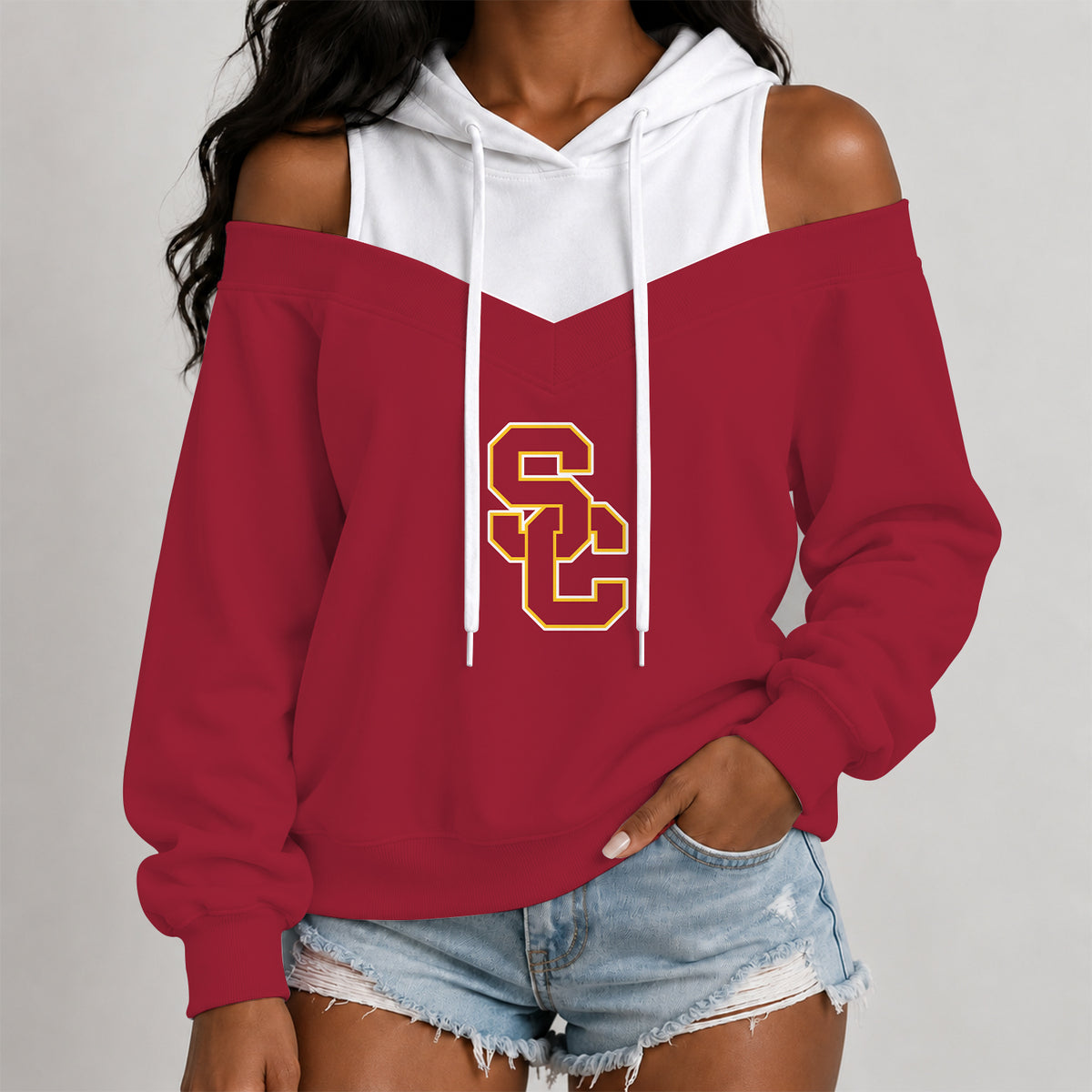 [BIG SALE] PERSONALIZED UNI03 USC USC TROJANS WOMEN'S OFF-SHOULDER HOODIE