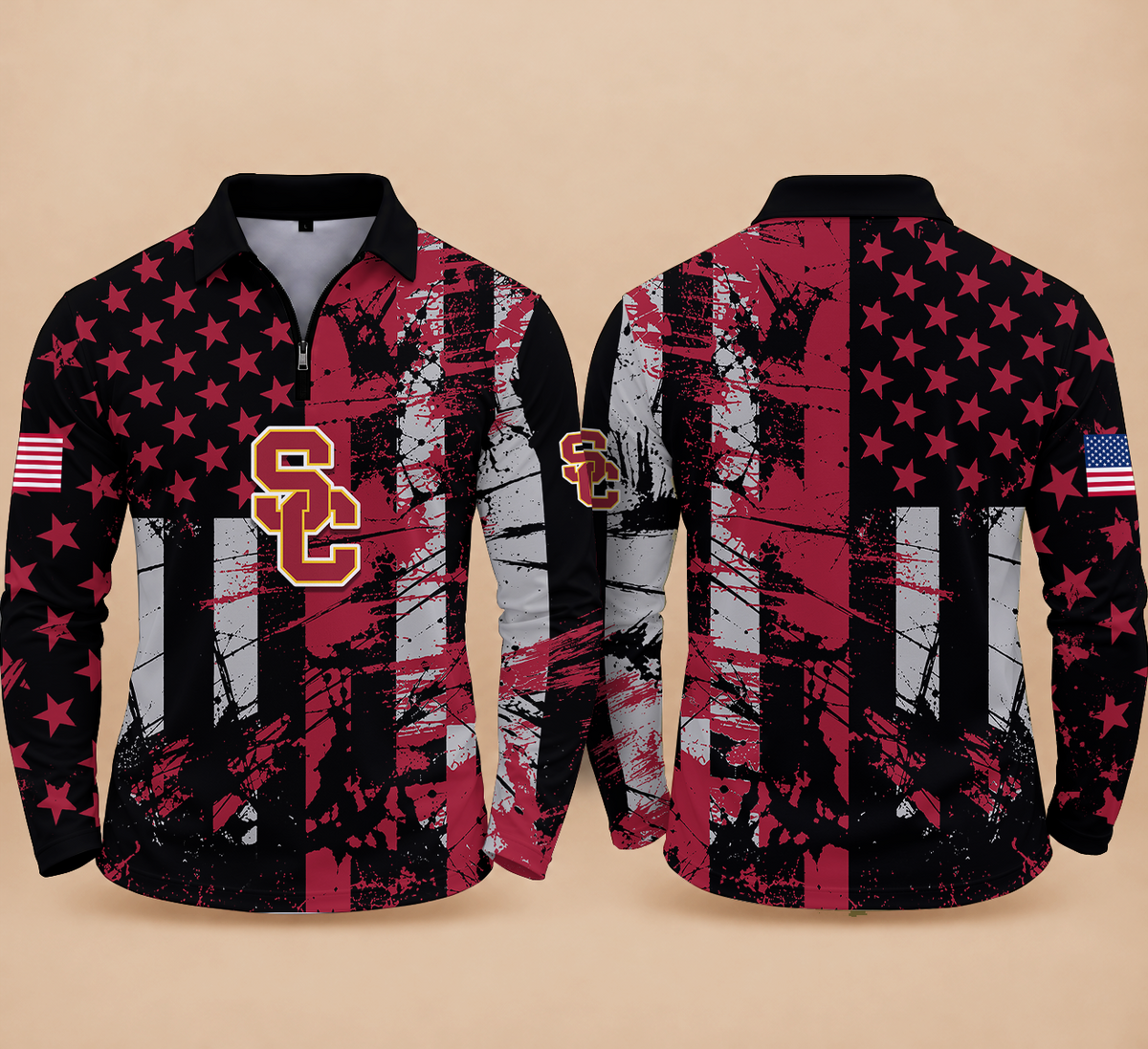 [BIG SALE] PERSONALIZED UNI03 USC USC TROJANS ZIPPER LONG SLEEVE POLO