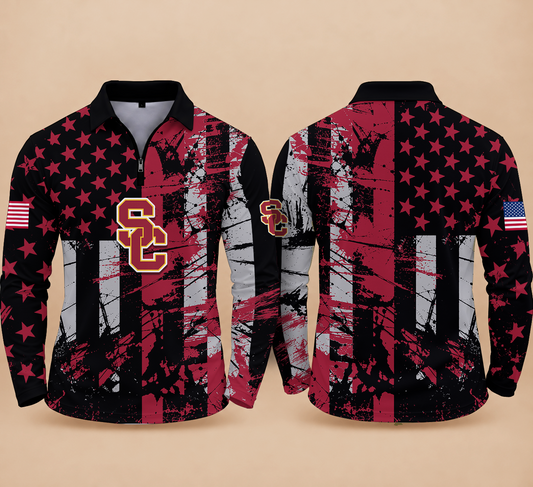 [BIG SALE] PERSONALIZED UNI03 USC USC TROJANS ZIPPER LONG SLEEVE POLO