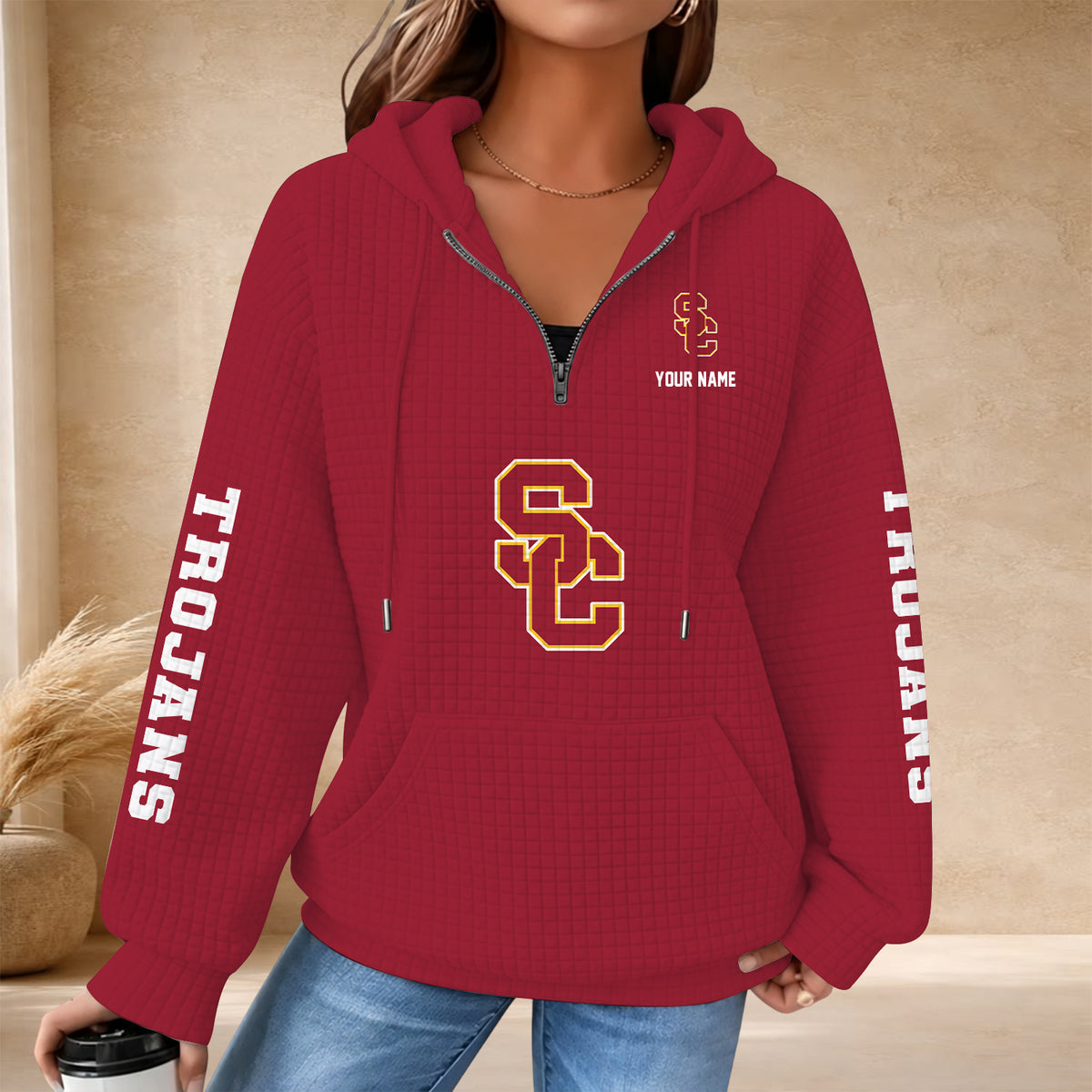 [BIG SALE] PERSONALIZED UNI03 USC USC TROJANS QUARTER ZIP HOODIE