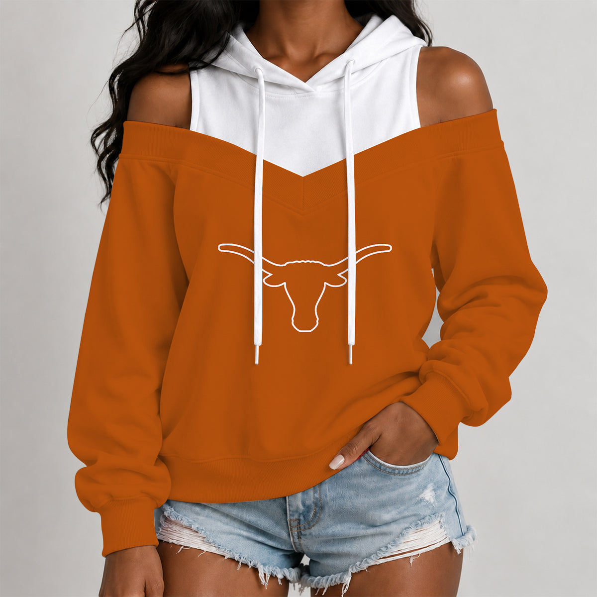 [BIG SALE] PERSONALIZED UNI04 TXL TEXAS LONGHORNS WOMEN'S OFF-SHOULDER HOODIE