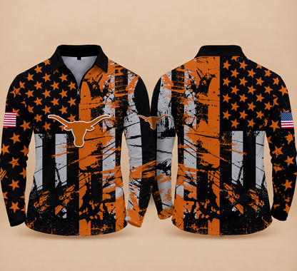 [BIG SALE] PERSONALIZED UNI04 TXL TEXAS LONGHORNS ZIPPER LONG SLEEVE POLO