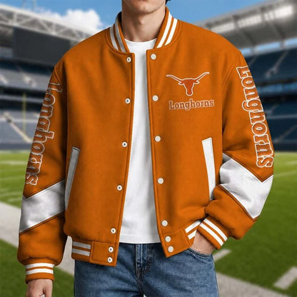[BIG SALE] PERSONALIZED UNI04 TXL TEXAS LONGHORNS SATIN VARSITY & BASEBALL JACKET