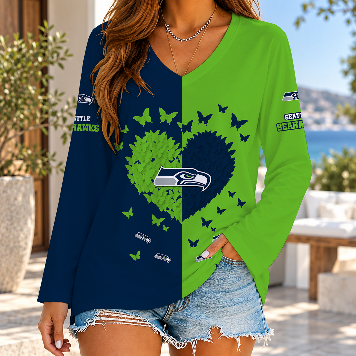 [SPECIAL OFFER] NEW CUSTOMIZED NFL06 SSH THE SEAHAWKS WOMEN'S V-NECK LONG SLEEVED SHIRT