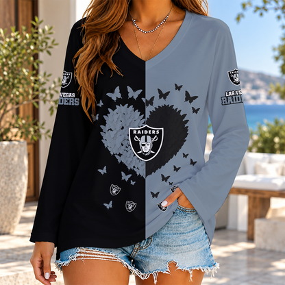 [SPECIAL OFFER] NEW CUSTOMIZED NFL07 LVR THE RAIDERS WOMEN'S V-NECK LONG SLEEVED SHIRT
