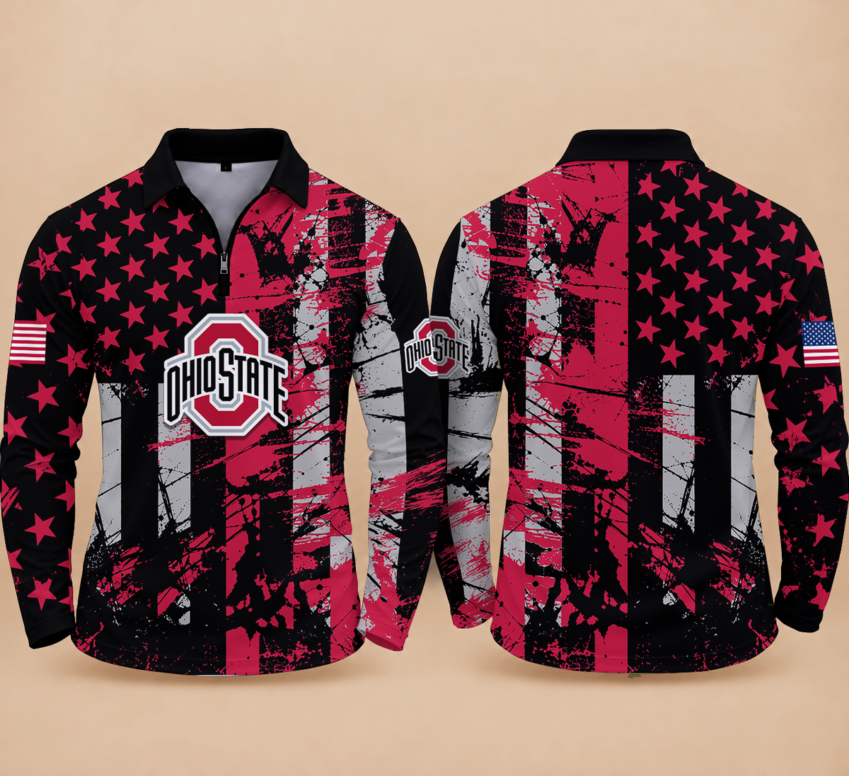 [BIG SALE] PERSONALIZED UNI07 OSB OHIO STATE BUCKEYES ZIPPER LONG SLEEVE POLO