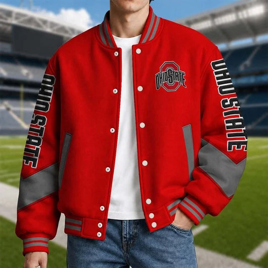 [BIG SALE] PERSONALIZED UNI07 OSB OHIO STATE BUCKEYES SATIN VARSITY & BASEBALL JACKET