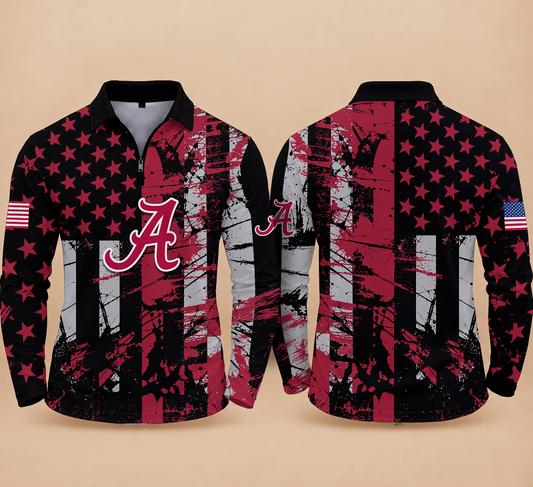 [BIG SALE] PERSONALIZED UNI08 ABC ALABAMA CRIMSON TIDE ZIPPER LONG SLEEVE POLO