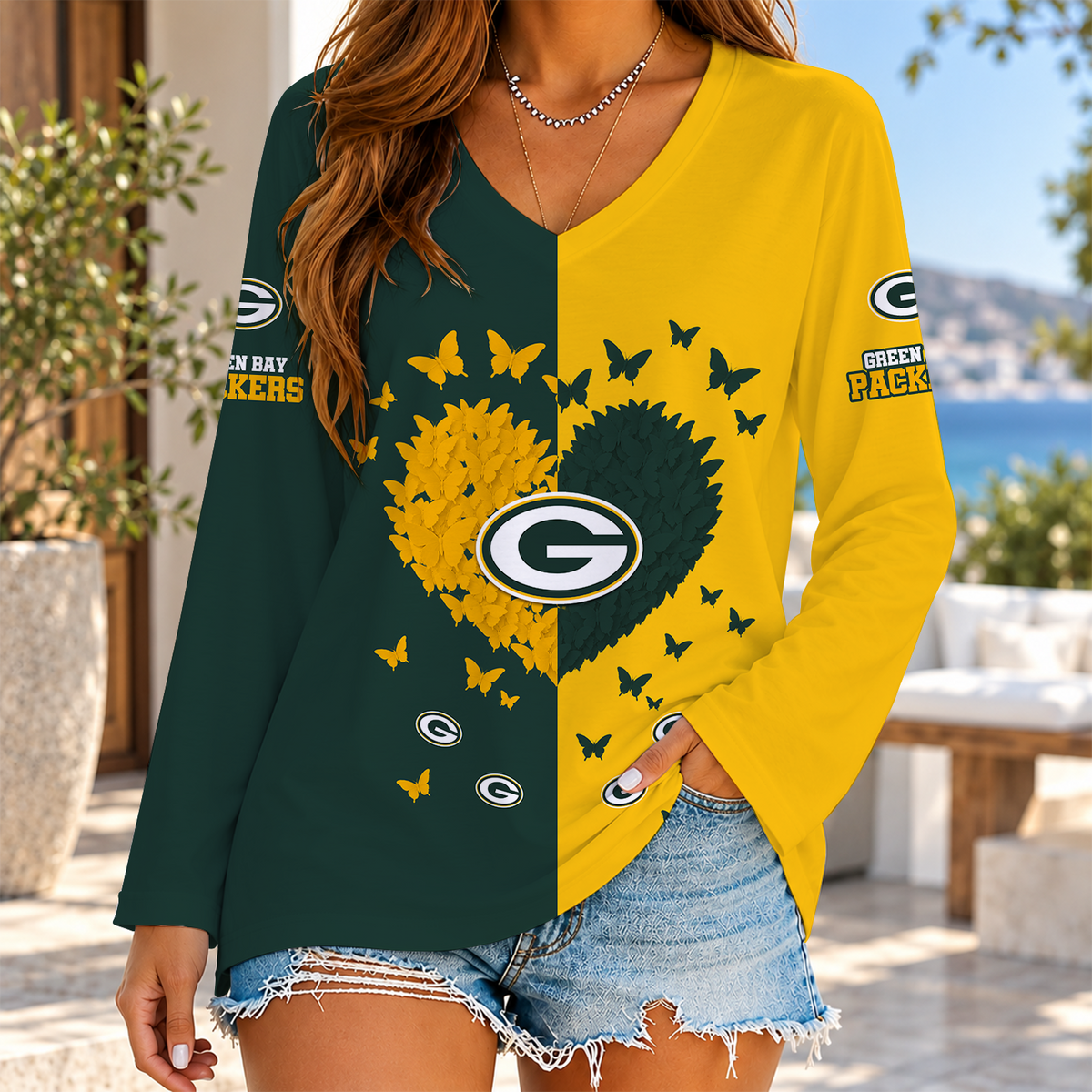 [SPECIAL OFFER] NEW CUSTOMIZED NFL08 GBP THE PACKERS WOMEN'S V-NECK LONG SLEEVED SHIRT