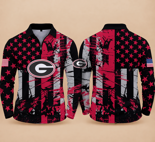 [BIG SALE] PERSONALIZED UNI09 GEB GEORGIA BULLDOGS ZIPPER LONG SLEEVE POLO