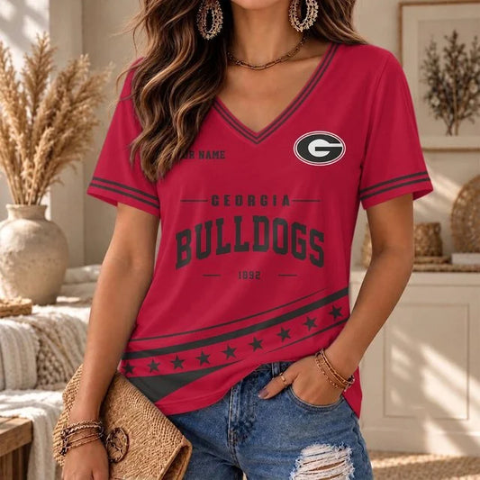 [BIG SALE] PERSONALIZED UNI09 GEB GEORGIA BULLDOGS V-NECK FEMALE SHIRT