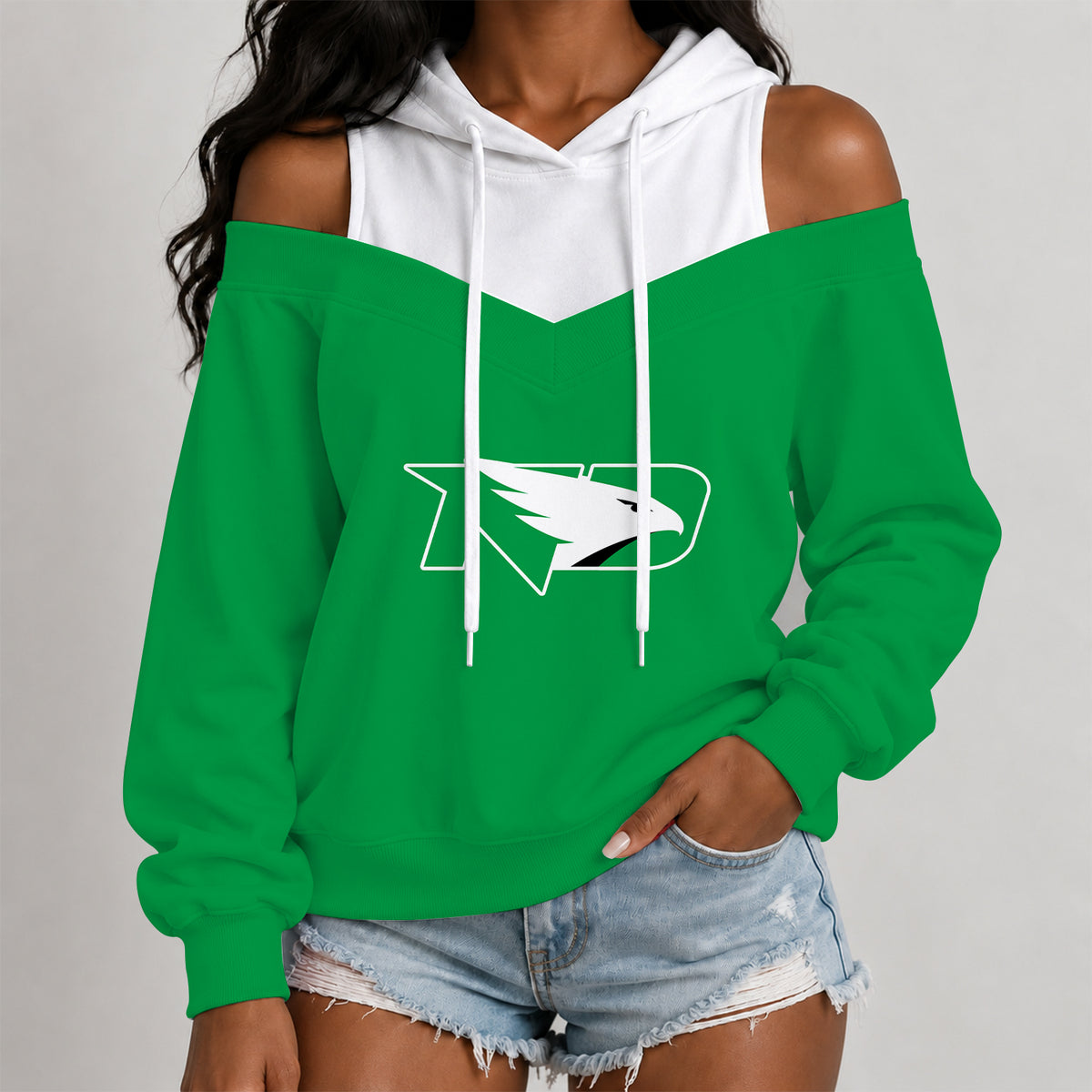 [BIG DEAL] PERSONALIZED UNI09 NFH NORTH DAKOTA FIGHTING HAWKS WOMEN'S OFF-SHOULDER HOODIE