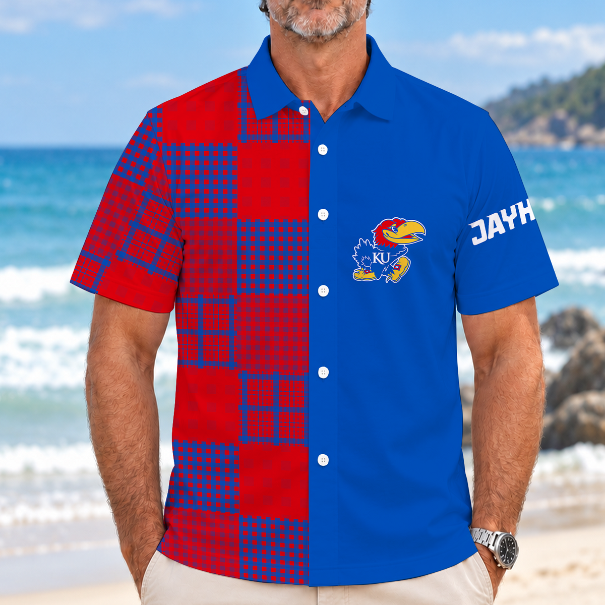 [BIG SALE] PERSONALIZED UNI01 KSJ KANSAS JAYHAWKS SHORT-SLEEVE HAWAIIAN SHIRT