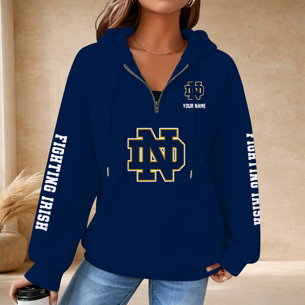 [BIG SALE] PERSONALIZED UNI10 NFI NOTRE DAME FIGHTING IRISH QUARTER ZIP HOODIE