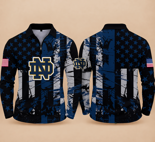 [BIG SALE] PERSONALIZED UNI10 NFI NOTRE DAME FIGHTING IRISH ZIPPER LONG SLEEVE POLO