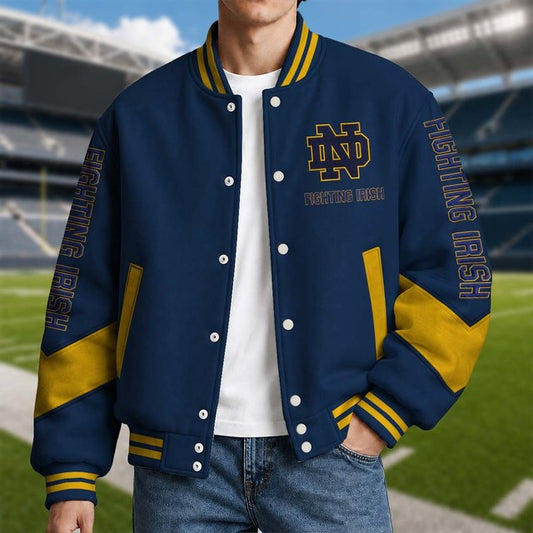 [BIG SALE] PERSONALIZED UNI10 NFI NOTRE DAME FIGHTING IRISH SATIN VARSITY & BASEBALL JACKET