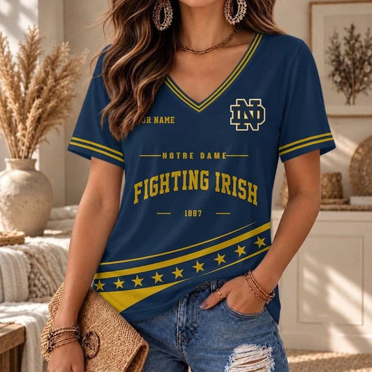 [BIG SALE] PERSONALIZED UNI10 NFI NOTRE DAME FIGHTING IRISH V-NECK FEMALE SHIRT