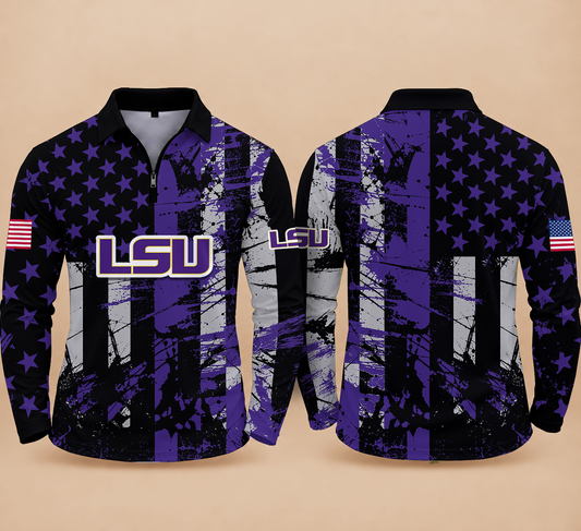 [BIG SALE] PERSONALIZED UNI11 LST LSU TIGERS ZIPPER LONG SLEEVE POLO