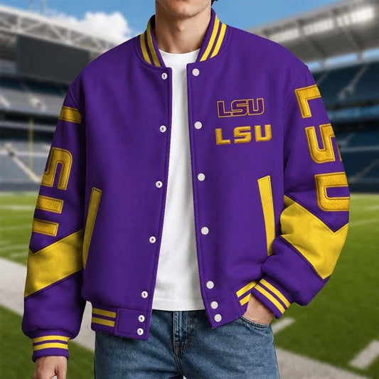 [BIG SALE] PERSONALIZED UNI11 LST LSU TIGERS SATIN VARSITY & BASEBALL JACKET
