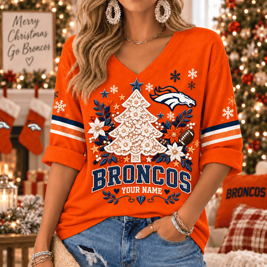 [SPECIAL OFFER] NEW CUSTOMIZED NFL13 DVB THE BRONCOS WOMEN'S HEART V-NECK LONG SLEEVE SHIRT