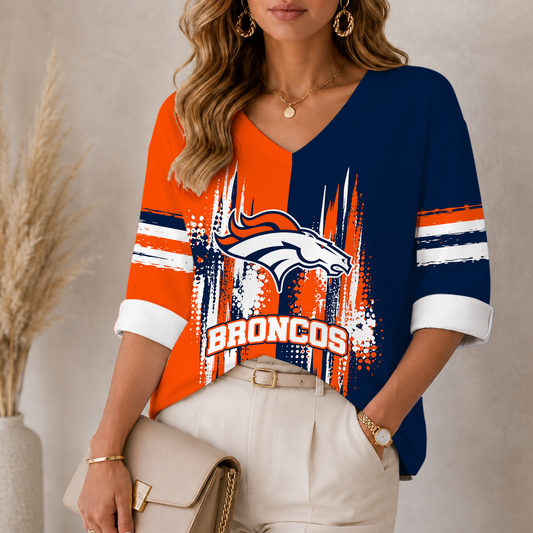 [SPECIAL OFFER] NEW CUSTOMIZED NFL13 DVB THE BRONCOS WOMEN'S HEART V-NECK LONG SLEEVE SHIRT