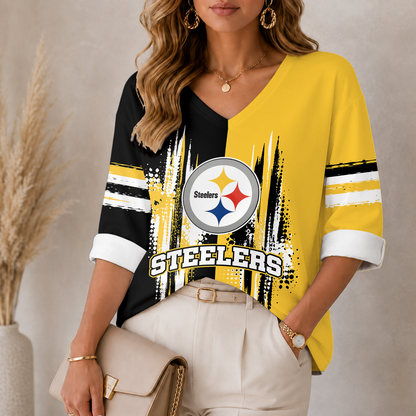 [SPECIAL OFFER] NEW CUSTOMIZED NFL14 PSB THE STEELERS WOMEN'S HEART V-NECK LONG SLEEVE SHIRT