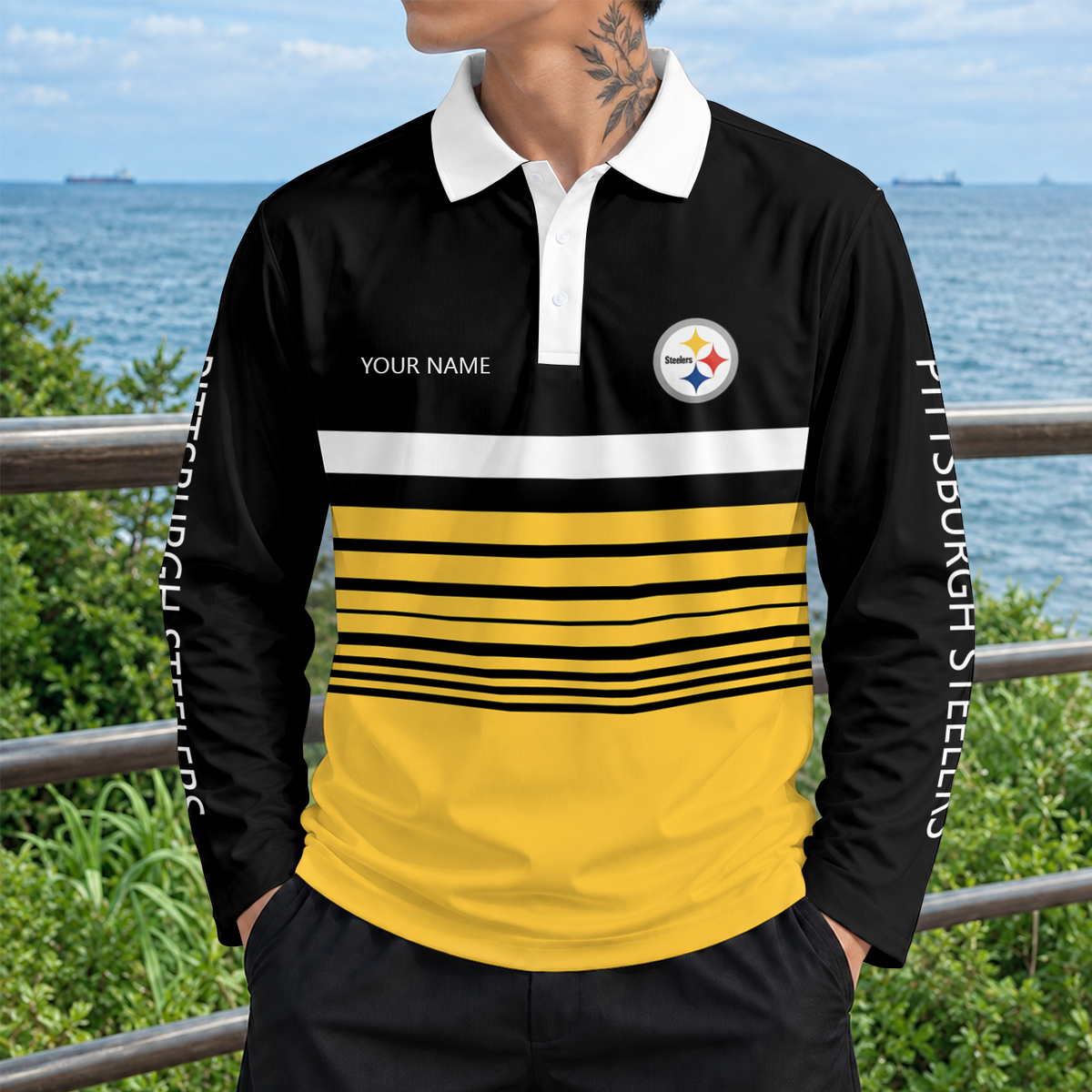 [SPECIAL OFFER] NEW CUSTOMIZED NFL14 PSB THE STEELERS LONG SLEEVE POLO SHIRT
