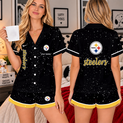[SPECIAL OFFER] NEW CUSTOMIZED NFL14 PSB THE STEELERS WOMEN'S V-NECK SHORT PAJAMAS SET