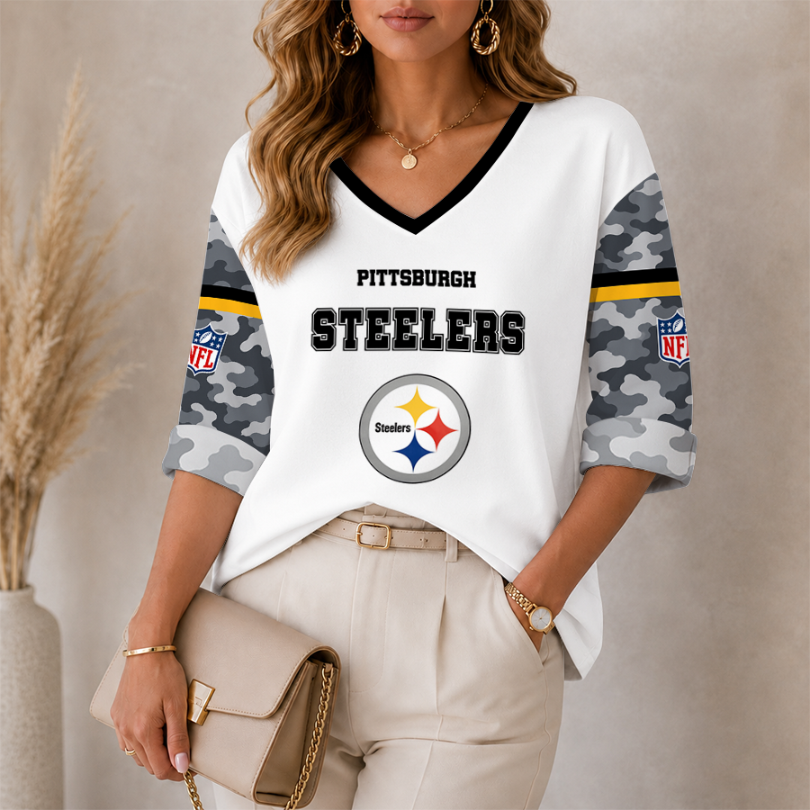 [SPECIAL OFFER] NEW CUSTOMIZED NFL14 PSB THE STEELERS WOMEN'S HEART V-NECK LONG SLEEVE SHIRT