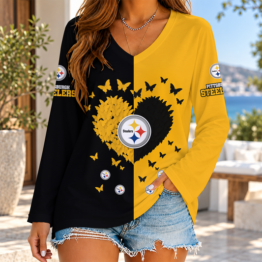 [SPECIAL OFFER] NEW CUSTOMIZED NFL14 PSB THE STEELERS WOMEN'S V-NECK LONG SLEEVED SHIRT