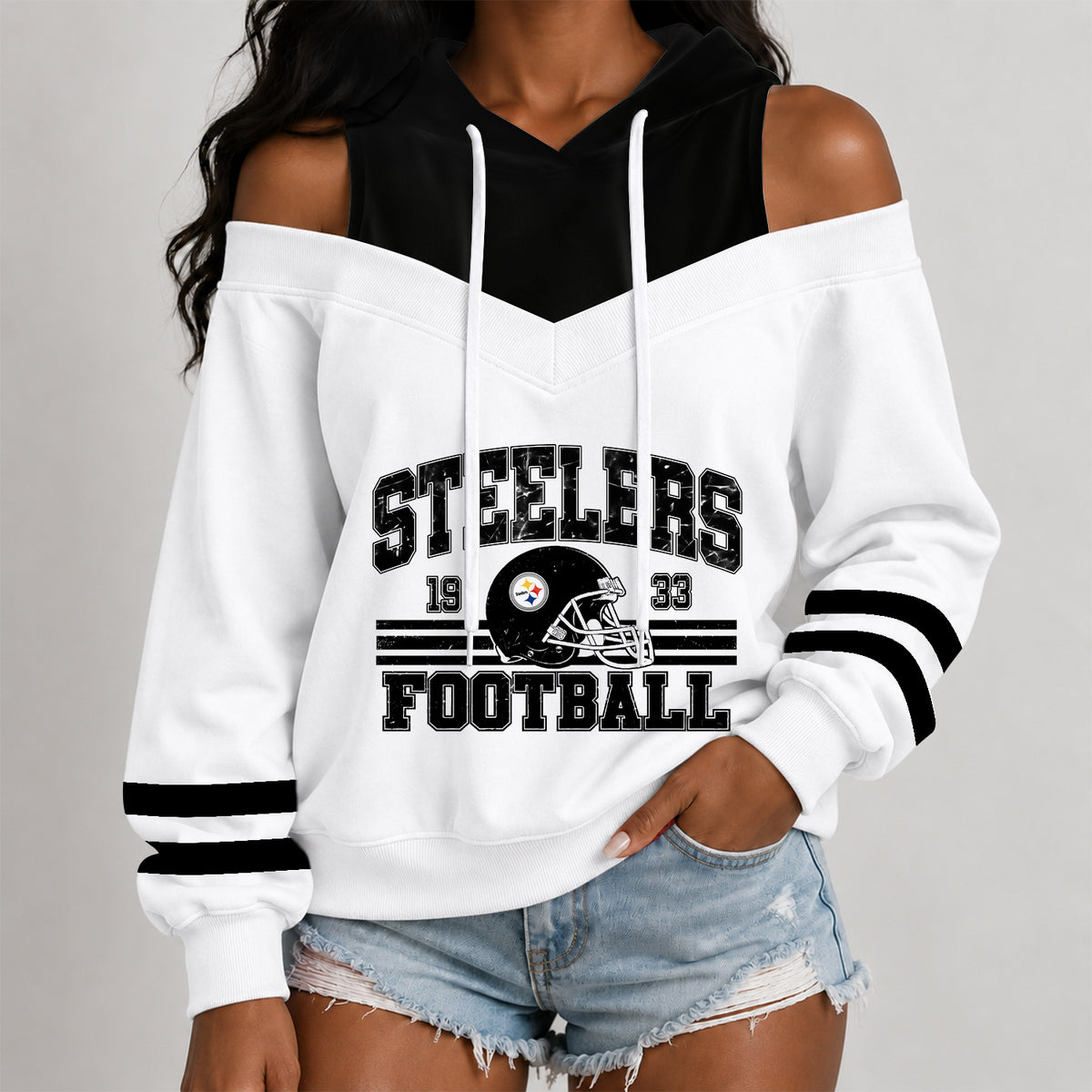 [SPECIAL OFFER] NEW CUSTOMIZED NFL14 PSB THE STEELERS WOMEN'S OFF-SHOULDER HOODIE
