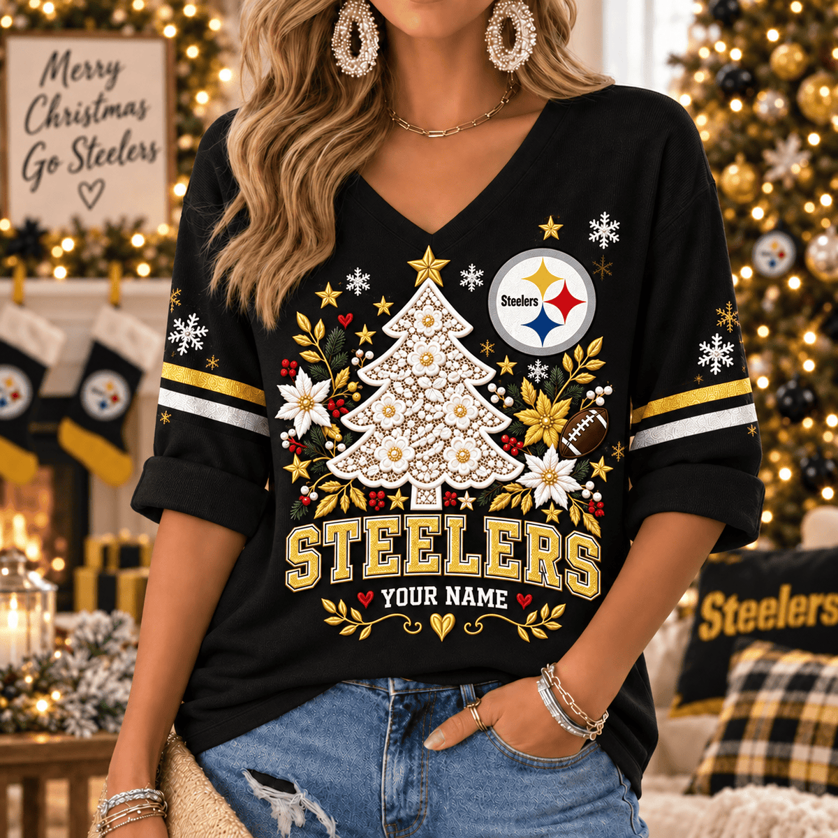 [SPECIAL OFFER] NEW CUSTOMIZED NFL14 PSB THE STEELERS WOMEN'S HEART V-NECK LONG SLEEVE SHIRT