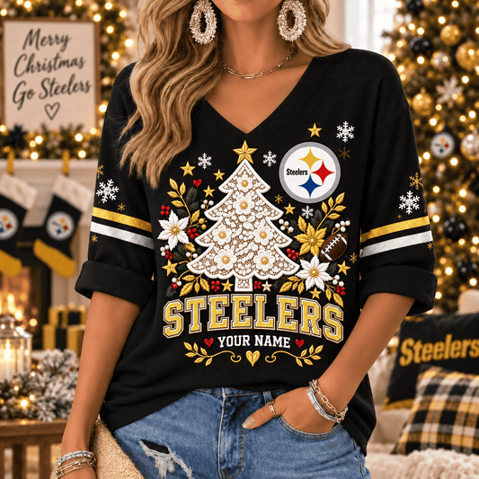 [SPECIAL OFFER] NEW CUSTOMIZED NFL14 PSB THE STEELERS WOMEN'S HEART V-NECK LONG SLEEVE SHIRT