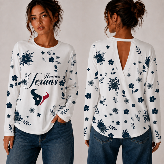[SPECIAL OFFER] NEW CUSTOMIZED NFL15 HTT HOUSTON TEXANS WOMEN'S BACK V-CUT LONG-SLEEVE SHIRT