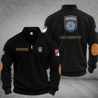 [FAN EXCLUSIVE] NEW CUSTOMIZED MLS16 SDF SAN DIEGO FC MULTICOLOR STRIPED QUATER ZIP SWEATSHIRT