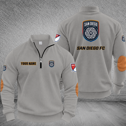 [FAN EXCLUSIVE] NEW CUSTOMIZED MLS16 SDF SAN DIEGO FC MULTICOLOR STRIPED QUATER ZIP SWEATSHIRT