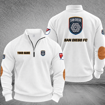 [FAN EXCLUSIVE] NEW CUSTOMIZED MLS16 SDF SAN DIEGO FC MULTICOLOR STRIPED QUATER ZIP SWEATSHIRT