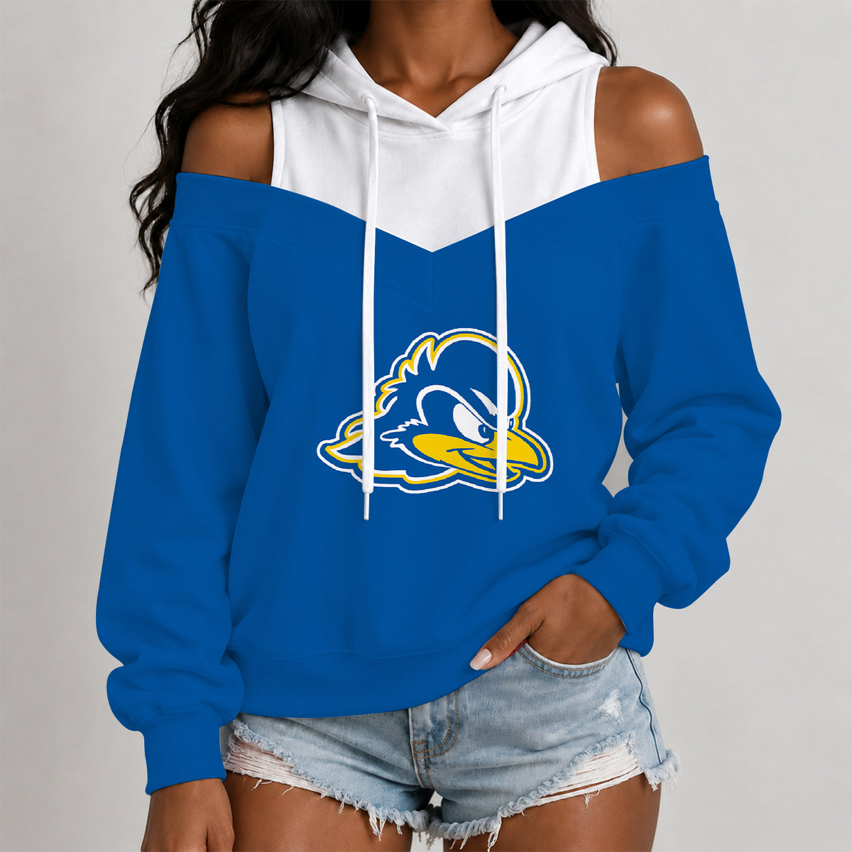 [BIG DEAL] PERSONALIZED UNI18 DFH DELAWARE FIGHTIN' BLUE HENS WOMEN'S OFF-SHOULDER HOODIE
