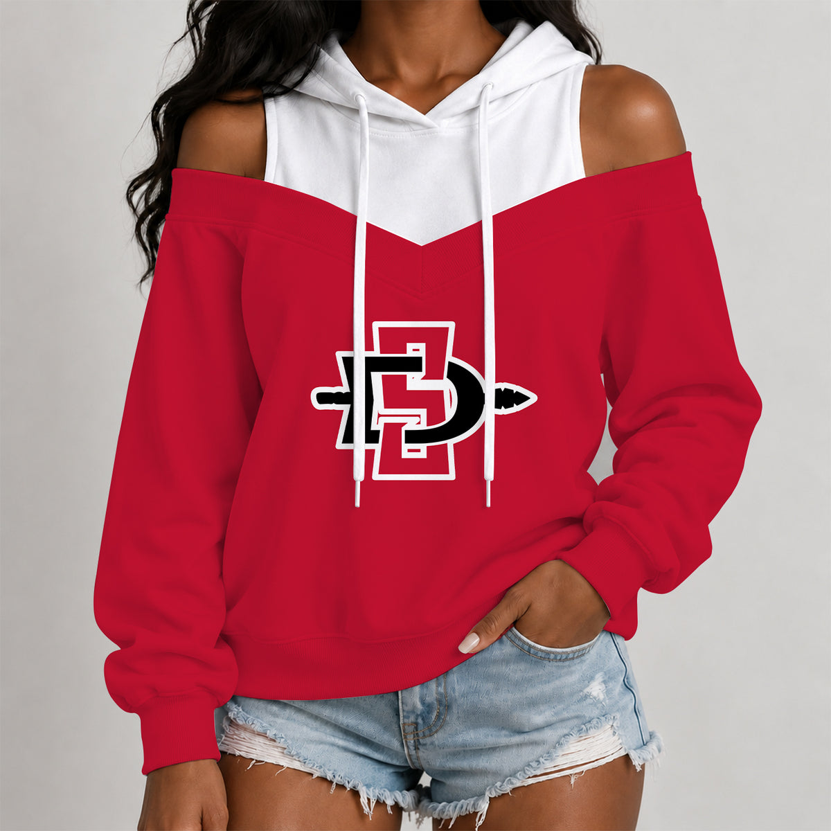[BIG DEAL] PERSONALIZED UNI21 SDS SAN DIEGO STATE AZTECS WOMEN'S OFF-SHOULDER HOODIE