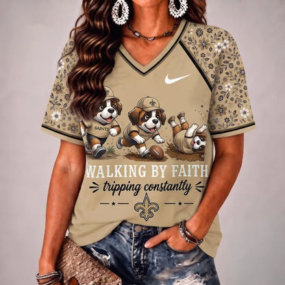 [SPECIAL OFFER] NEW CUSTOMIZED NFL24 NOS NEW ORLEANS SAINTS V-NECK FEMALE SHIRT