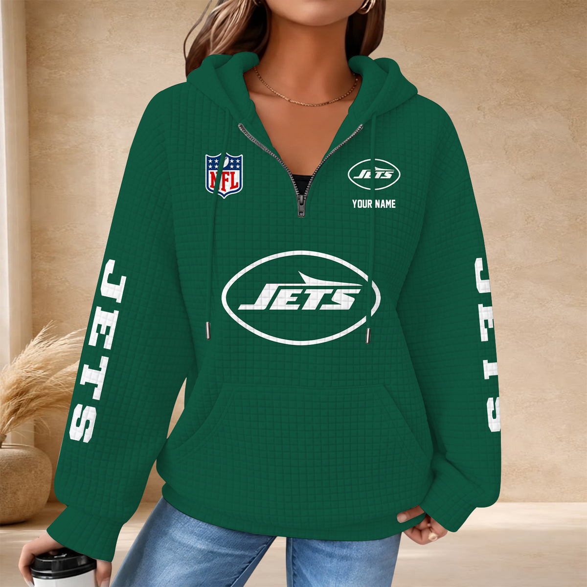 [SPECIAL OFFER] NEW CUSTOMIZED NFL25 NYJ THE JETS QUARTER ZIP HOODIE