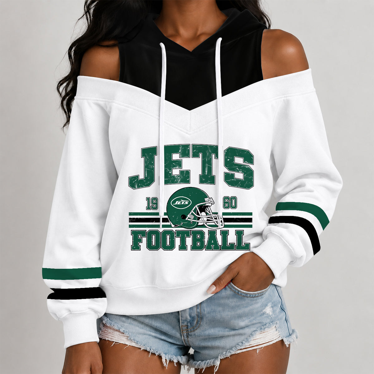 [SPECIAL OFFER] NEW CUSTOMIZED NFL25 NYJ THE JETS WOMEN'S OFF-SHOULDER HOODIE
