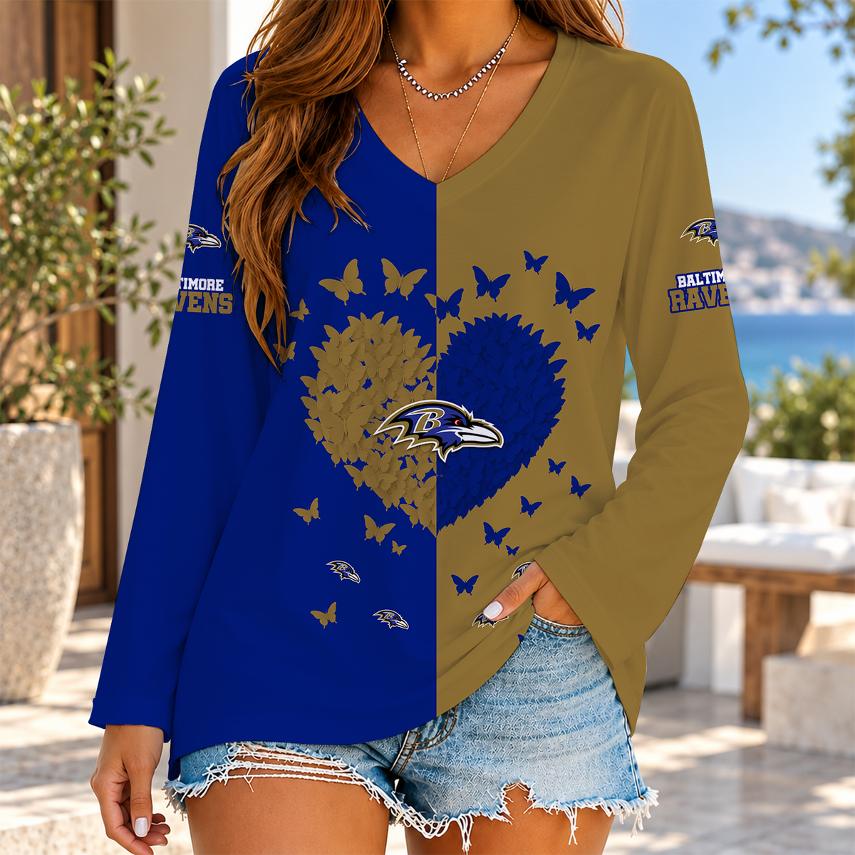 [SPECIAL OFFER] NEW CUSTOMIZED NFL28 BTR THE RAVENS WOMEN'S V-NECK LONG SLEEVED SHIRT