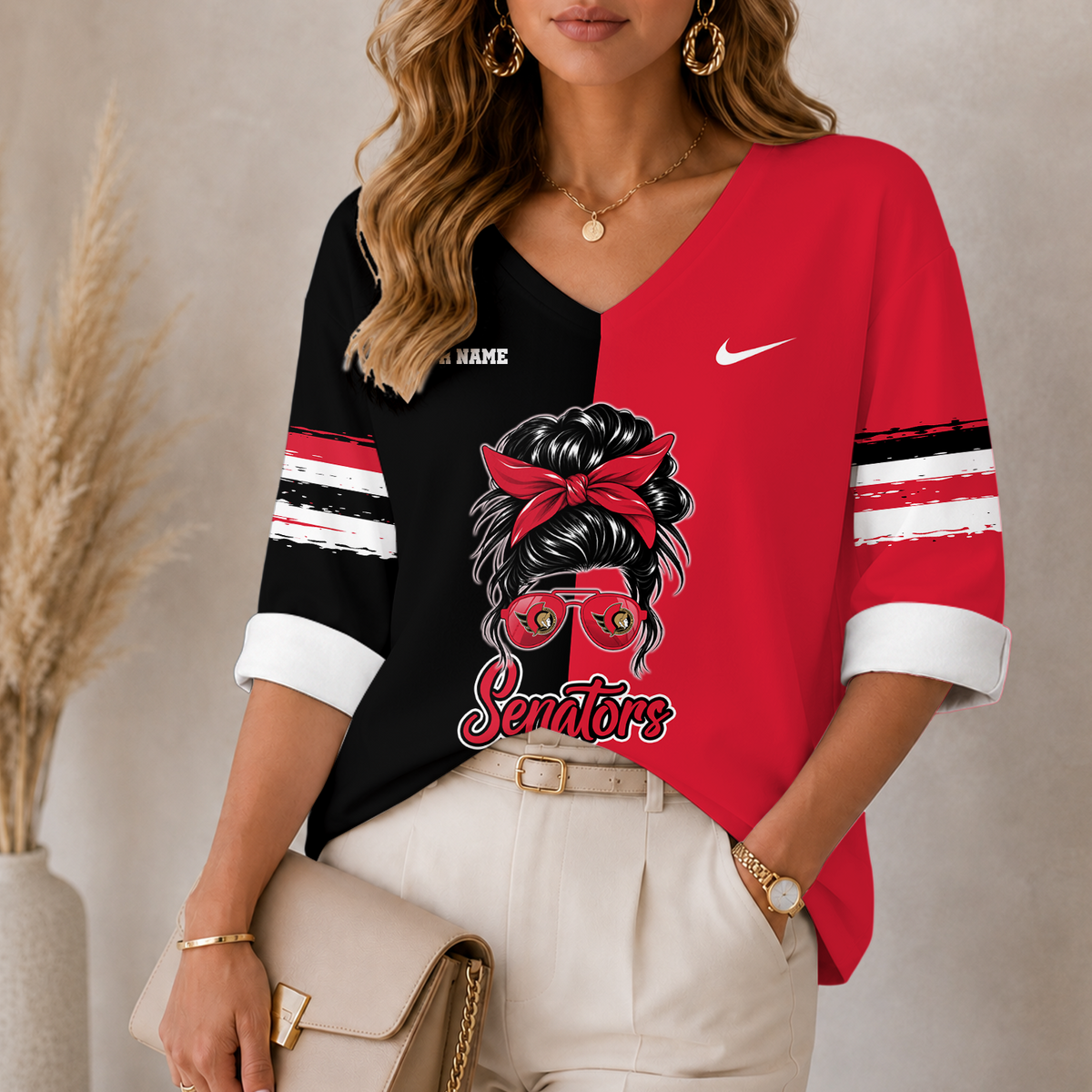 [SUPER SALE] NEW CUSTOMIZED NHL29 OSN THE SENATORS WOMEN'S HEART V-NECK LONG SLEEVE SHIRT